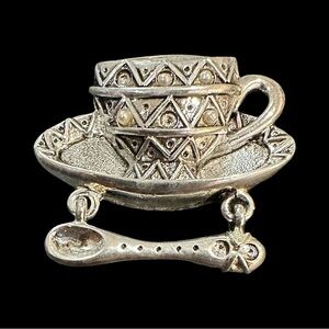 Vintage Danecraft Tea Cup and Spoon Brooch Silver Tone Signed